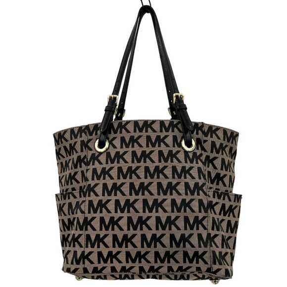 Michael Kors Jet Set Black & Tan Monogram Signature MK Tote Bag - Picture 8 of 16